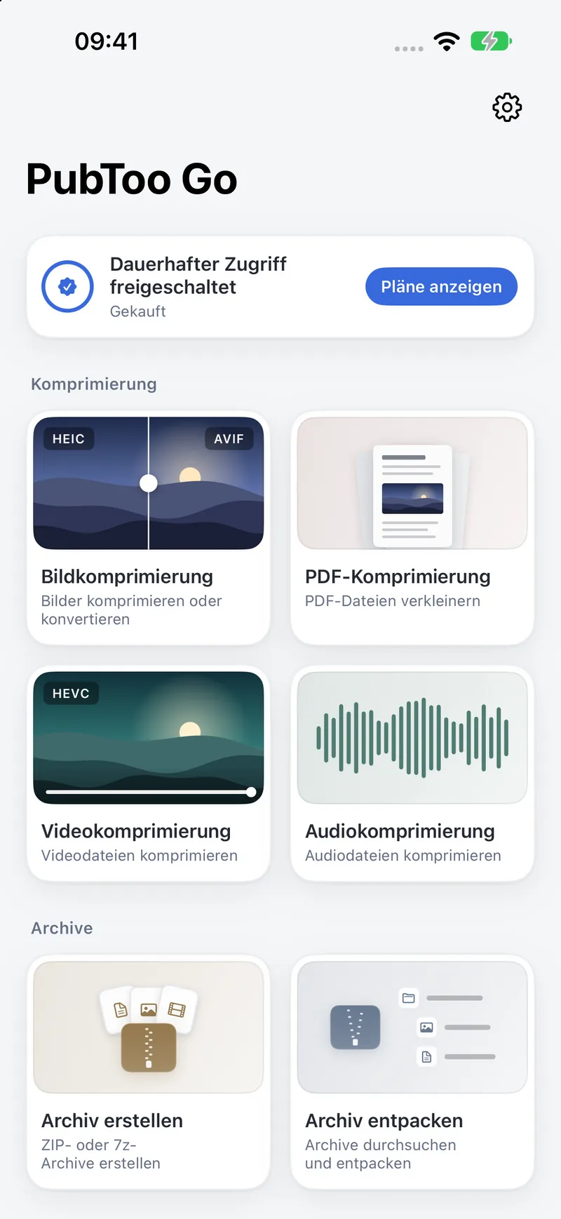 Startbildschirm von PubToo Go auf dem iPhone mit den sechs Werkzeugen