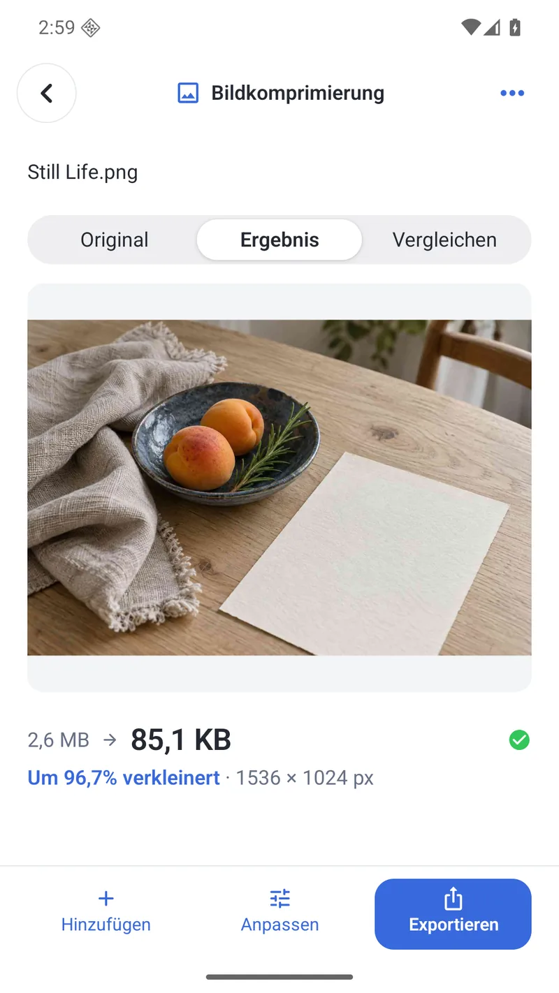 PubToo Lite zeigt das komprimierte Bildergebnis auf Android
