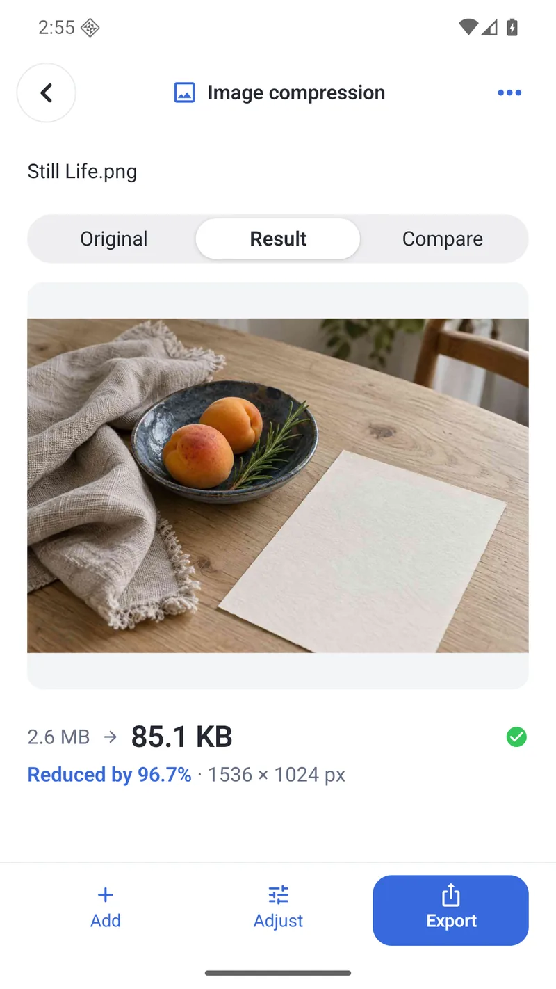 PubToo Lite previewing an image compression result on Android