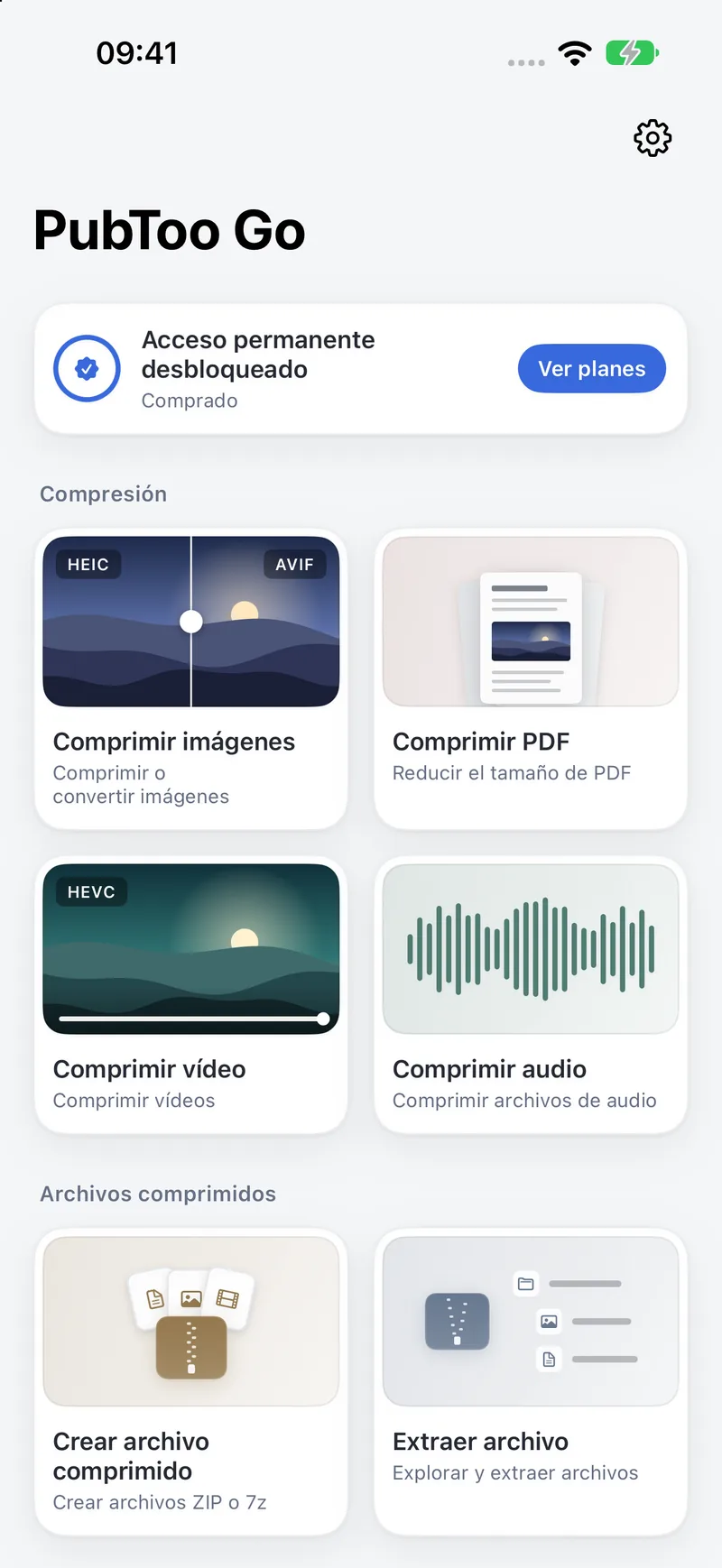 Pantalla de inicio de PubToo Go en el iPhone con las seis herramientas