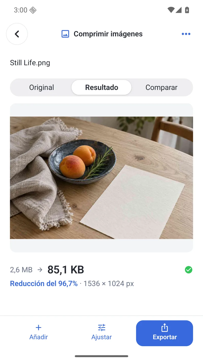 PubToo Lite muestra el resultado de compresión de una imagen en Android