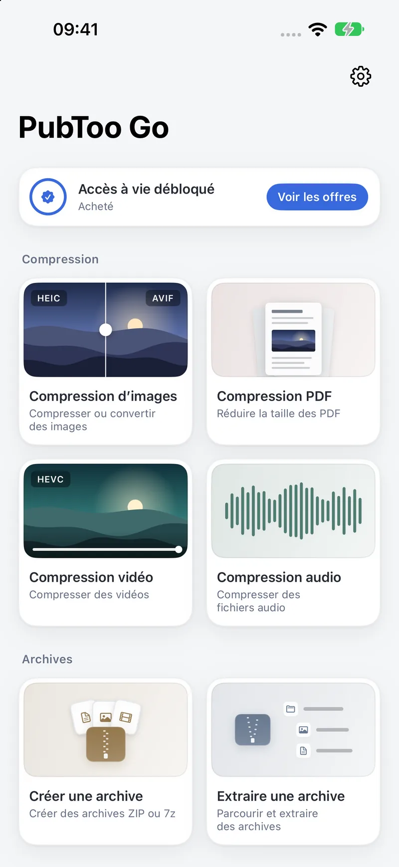 Écran d’accueil de PubToo Go sur iPhone avec les six outils