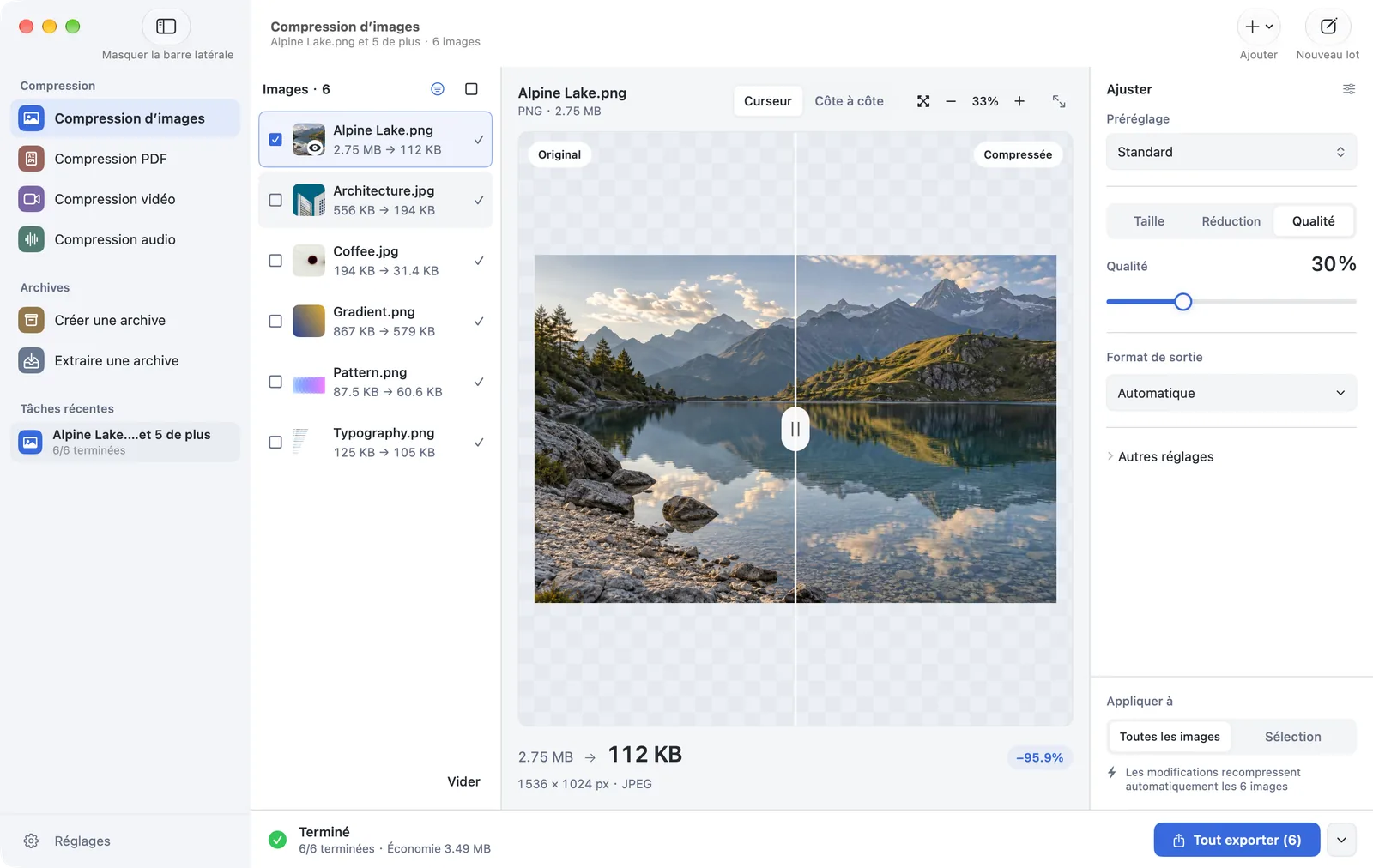 PubToo pour Mac compare une photo originale et son résultat compressé