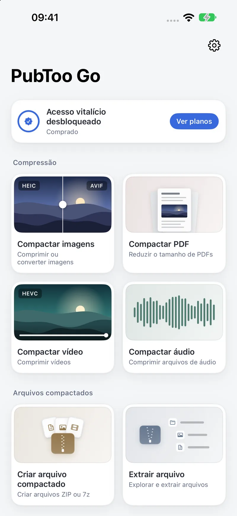 Tela inicial do PubToo Go no iPhone com as seis ferramentas
