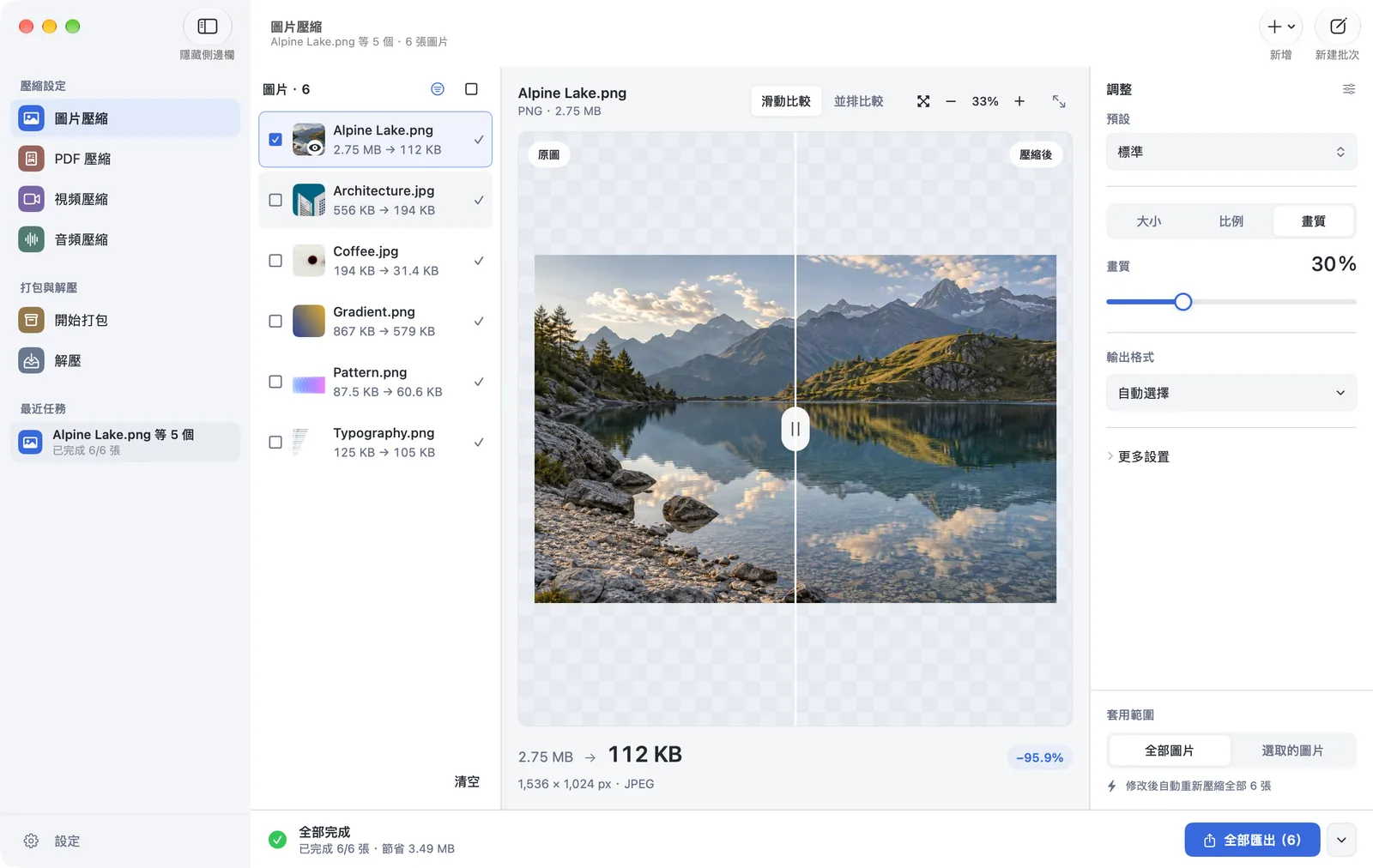 PubToo Mac 版的圖片壓縮介面,正在比較原圖與壓縮結果