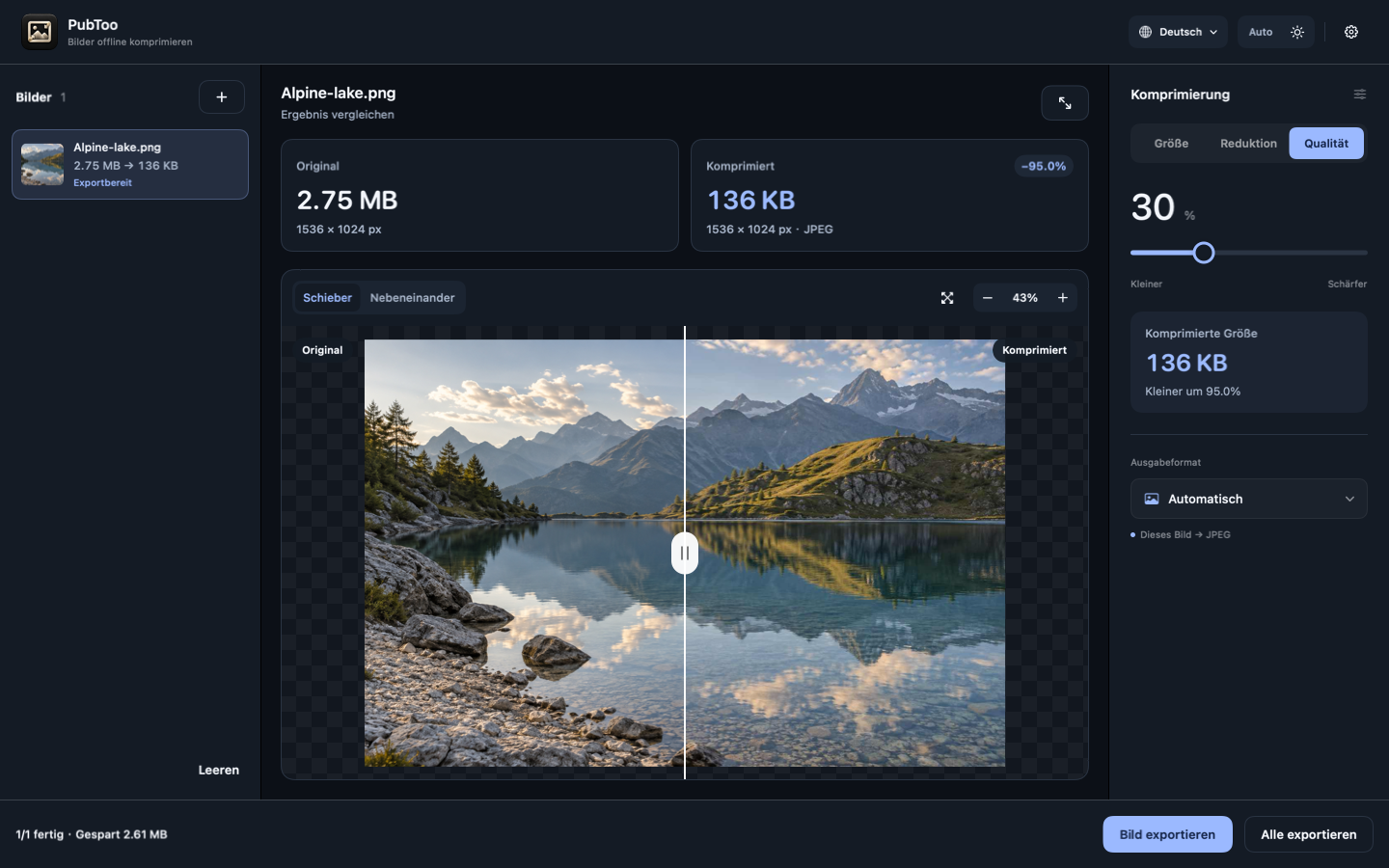 PubToo komprimiert ein Foto mit 30% Qualität und zeigt Original und Ergebnis im Vergleich
